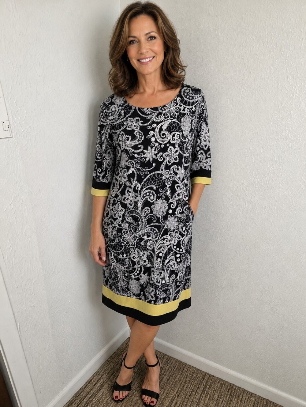Madison Leigh Black & White Paisley Dress with Pale Yellow Trim, Size 12